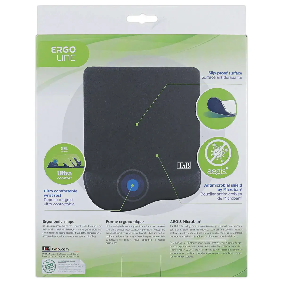 Tapis de souris ergonomique avec repose-poignet - Traitement antimicrobien - T'nB