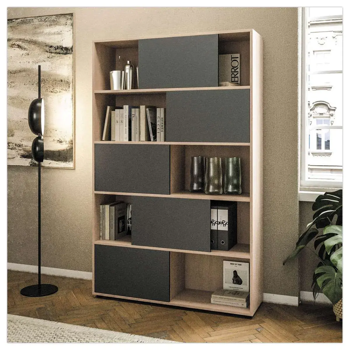 Bibliothèque chêne 10 cases 5 portes anthracite montée