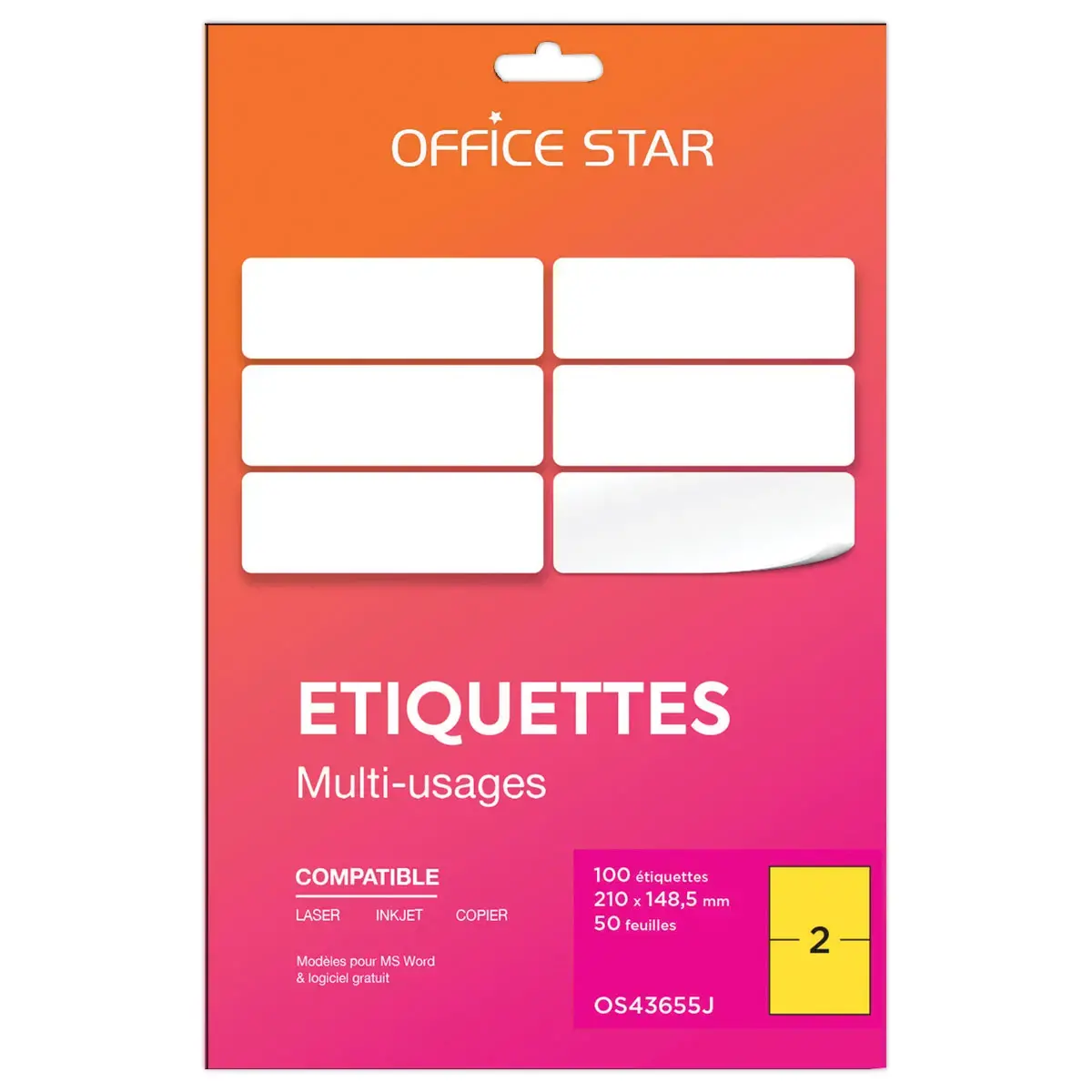 50 planches &eacute;tiquettes L210xH148mm, 100 &eacute;tiq/ bo&icirc;te, jaune 