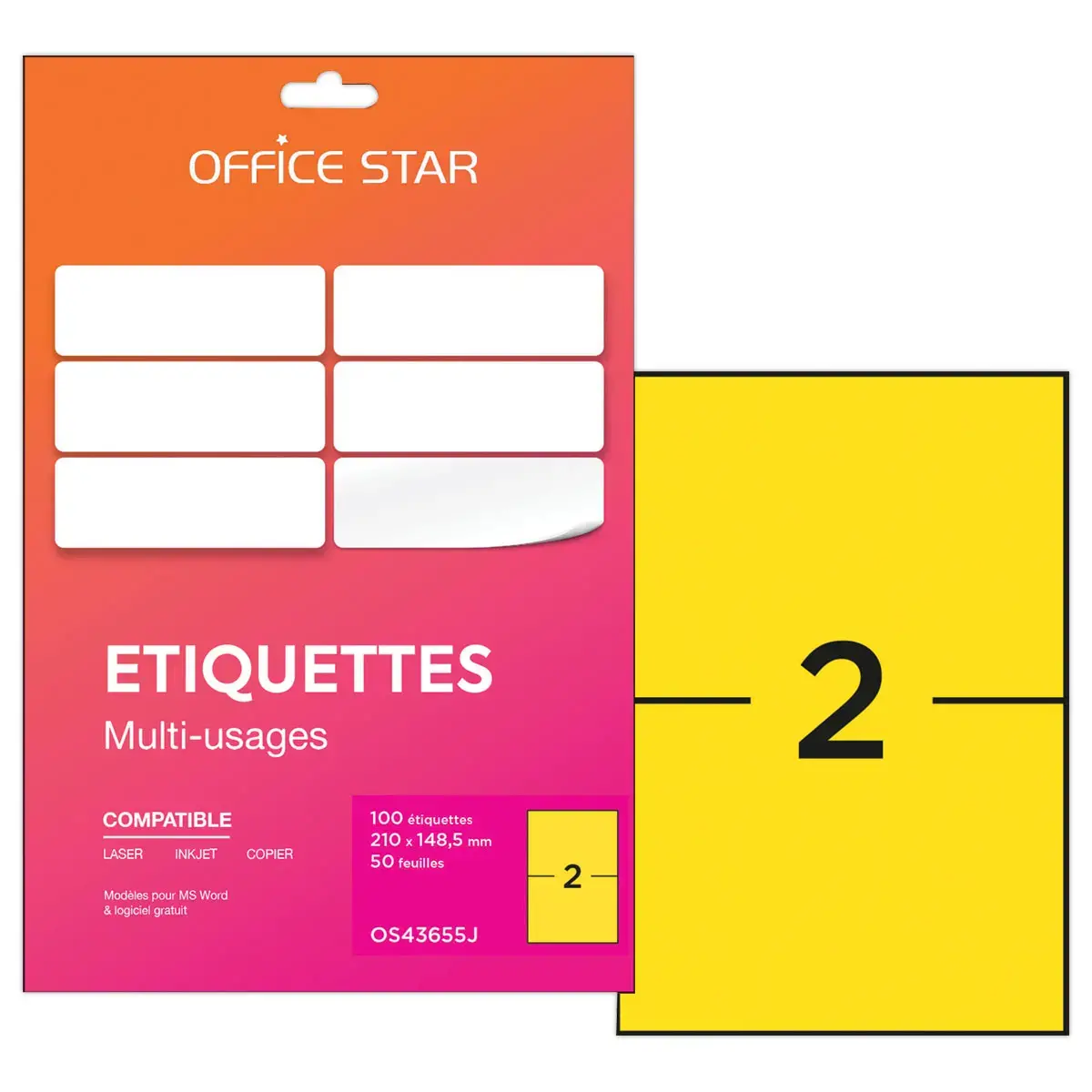 50 planches &eacute;tiquettes L210xH148mm, 100 &eacute;tiq/ bo&icirc;te, jaune 