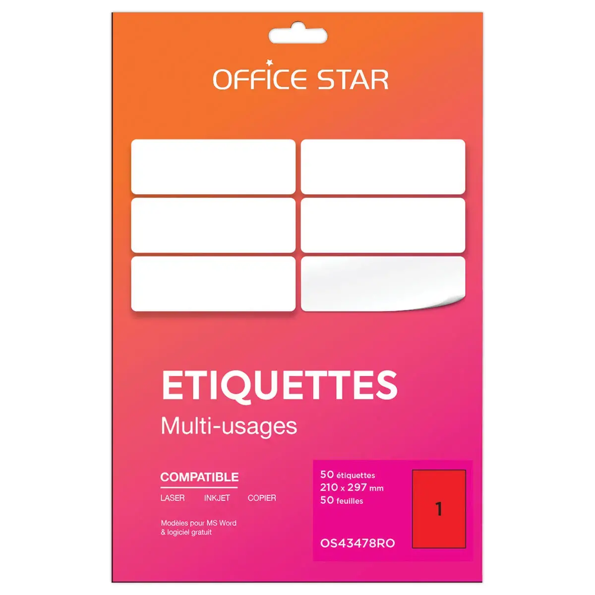 50 planches étiquettes L210xH297mm, 50 étiq/ boîte, rouge