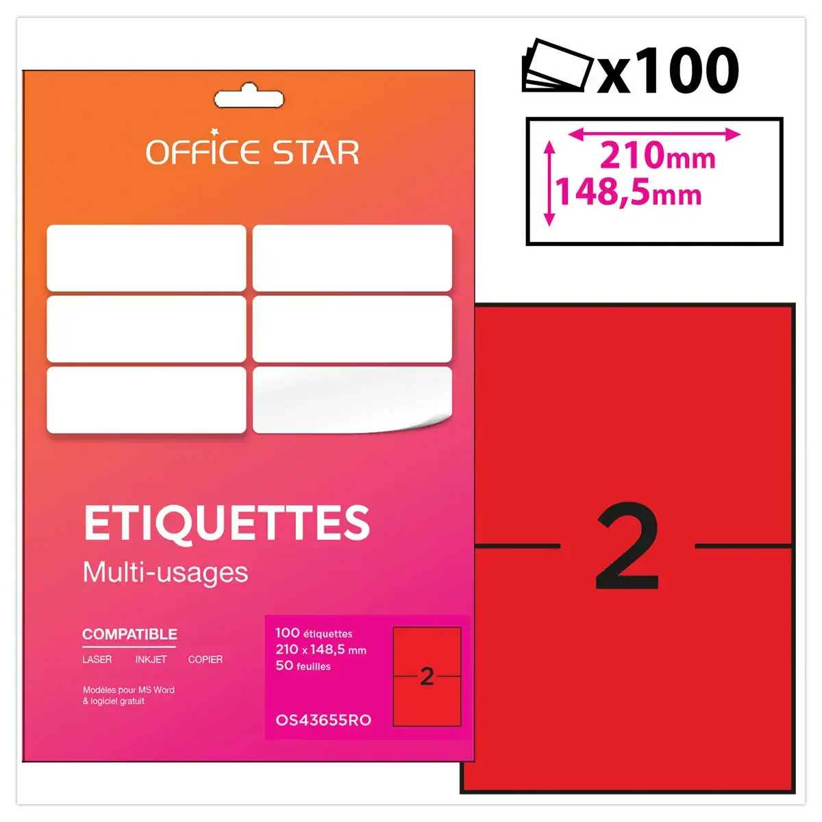 50 planches étiquettes L210xH148mm, 100 étiq/ boîte, rouge