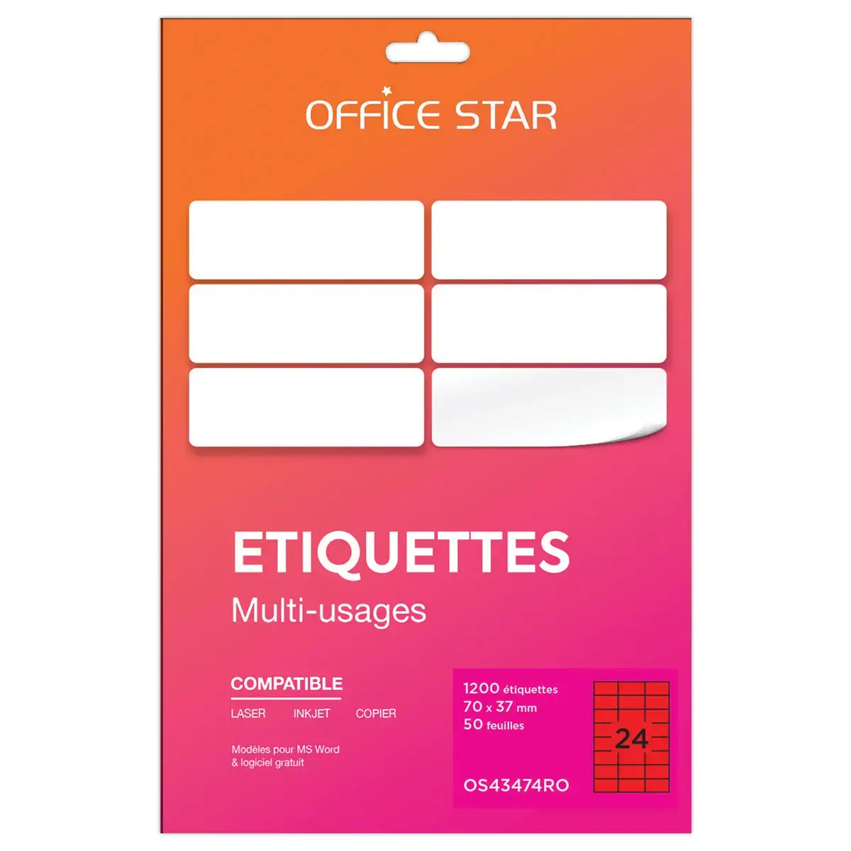 50 planches étiquettes L70xH37mm, 1200 étiq/ boîte, rouge