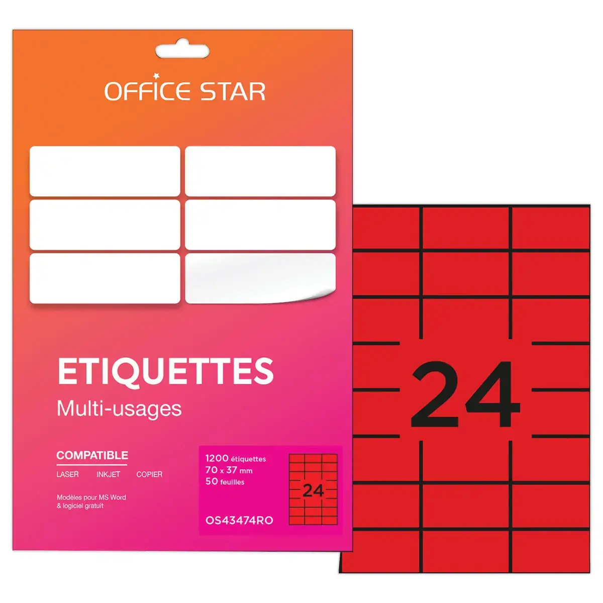 50 planches étiquettes L70xH37mm, 1200 étiq/ boîte, rouge