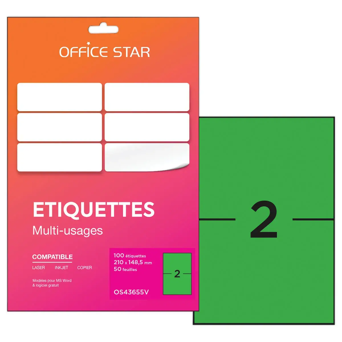 50 planches étiquettes L210xH148mm, 100 étiq/ boîte, vert