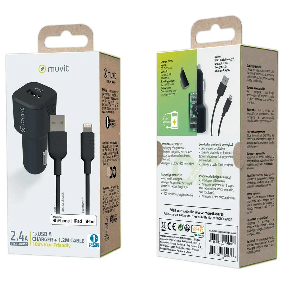 Chargeur voiture 12 W + Câble lightning 1.2 M - Entrée 12-24 V. - MUVIT