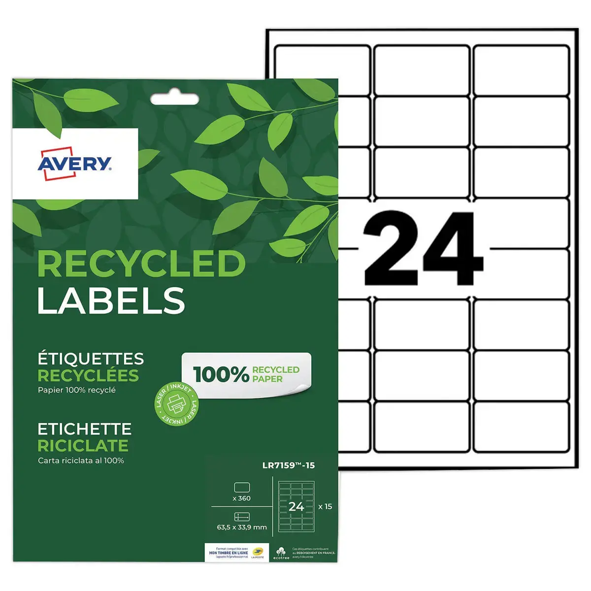 15 planches &eacute;tiquettes recycl&eacute;es blanches63,5 x 33,9mm 
