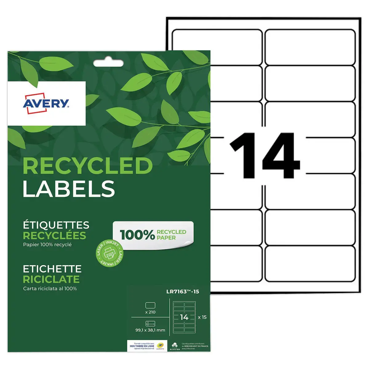 15 planches &eacute;tiquettes recycl&eacute;es blanches99,1 x 38,1 mm 