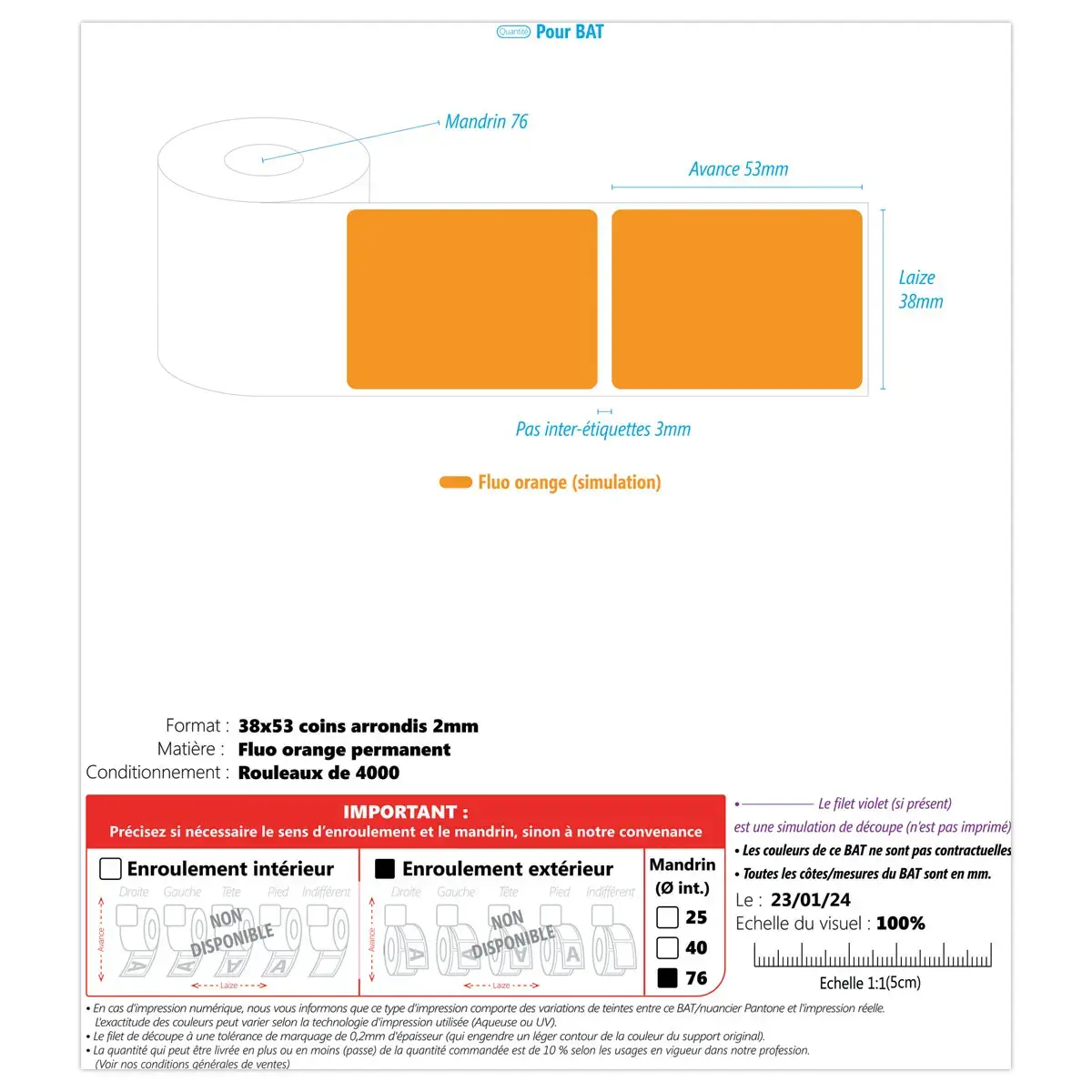RL 4000 ETIQ 38X53MM ORANGE FLUO PERMANENT - mandrin 76