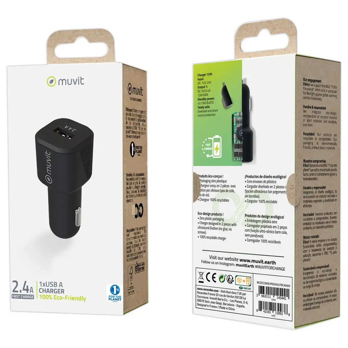 Chargeur voiture 1 USB 2.4A 12W