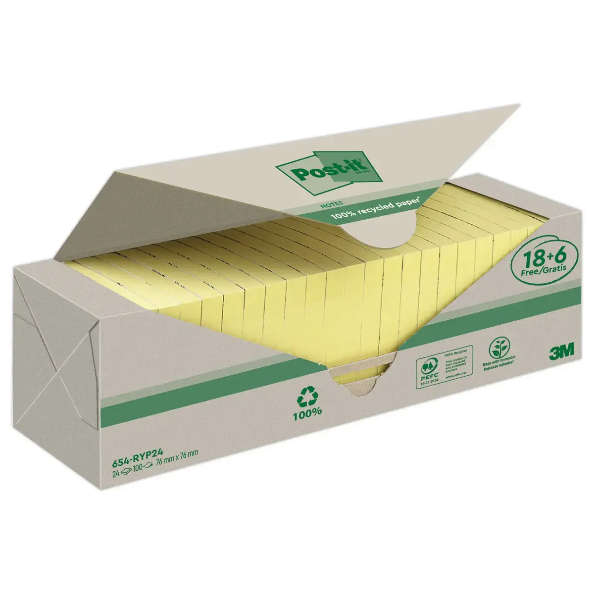24 Blocs Notes Recyclées Post-it® Jaune 76 x 76mm, 18 Blocs + 6 Gratuits