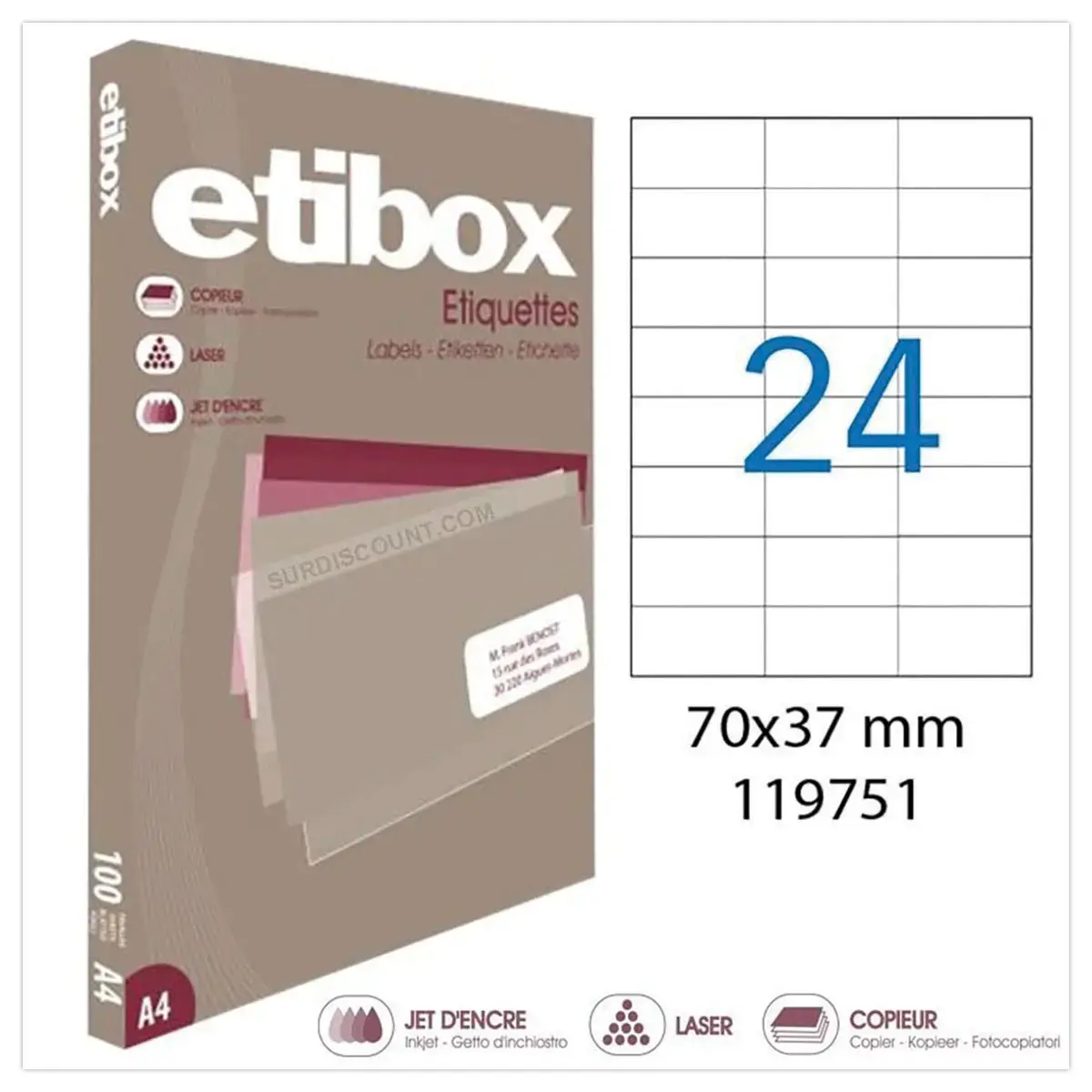 100 Planches d'étiquettes MU Etibox coins carrés 70X37mm 2400 étiq/bte