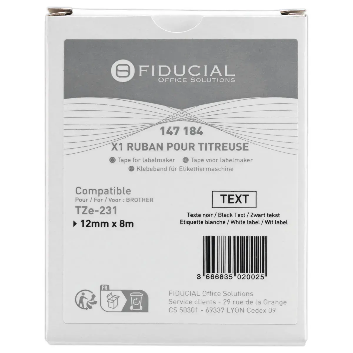 Ruban comp BROTHER TZE 231 12mm blanc impression noire