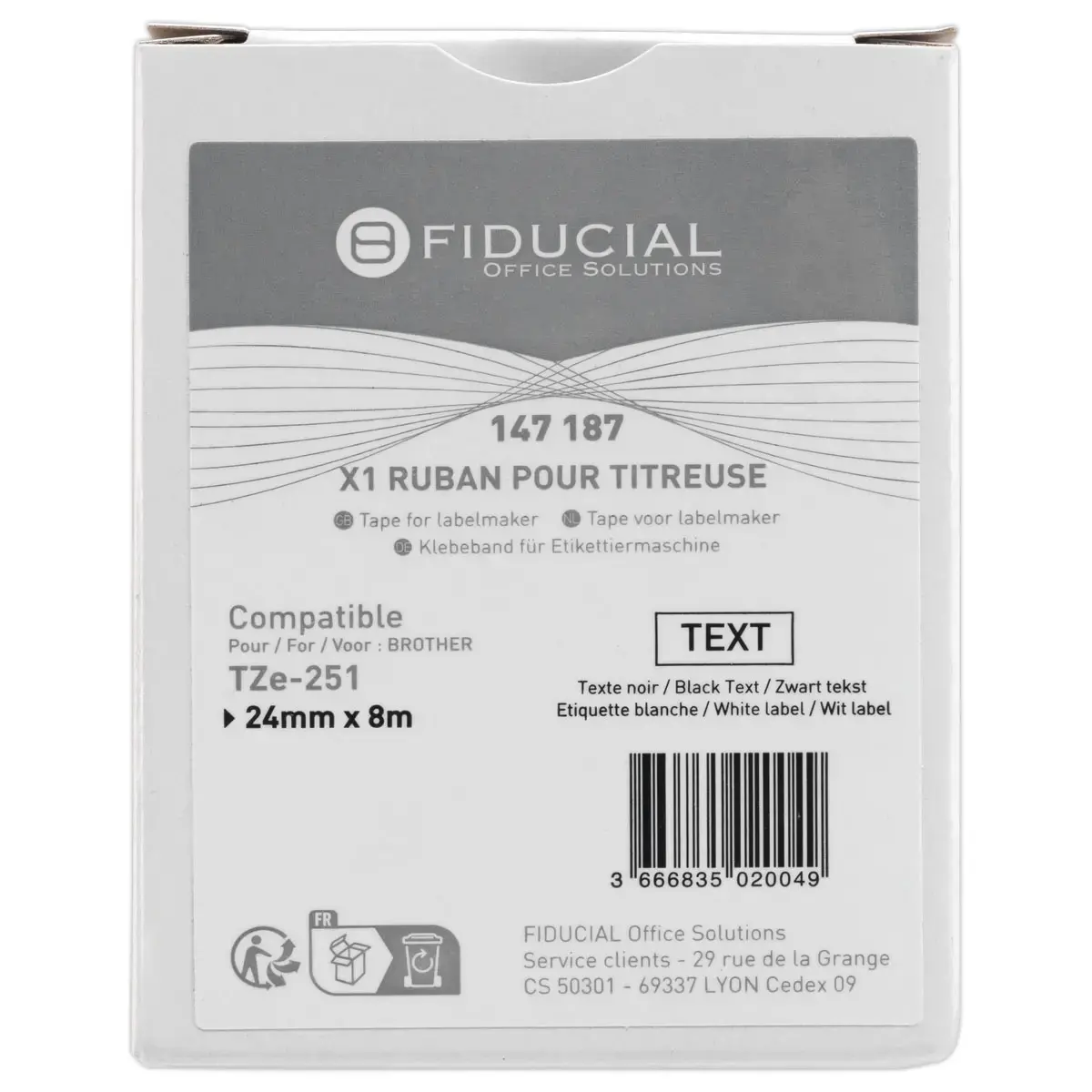 Ruban comp BROTHER TZE 251 24mm blanc impression noire 