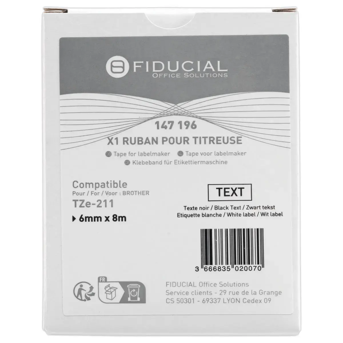 Ruban comp BROTHER TZE 211 6mm blanc impression noire