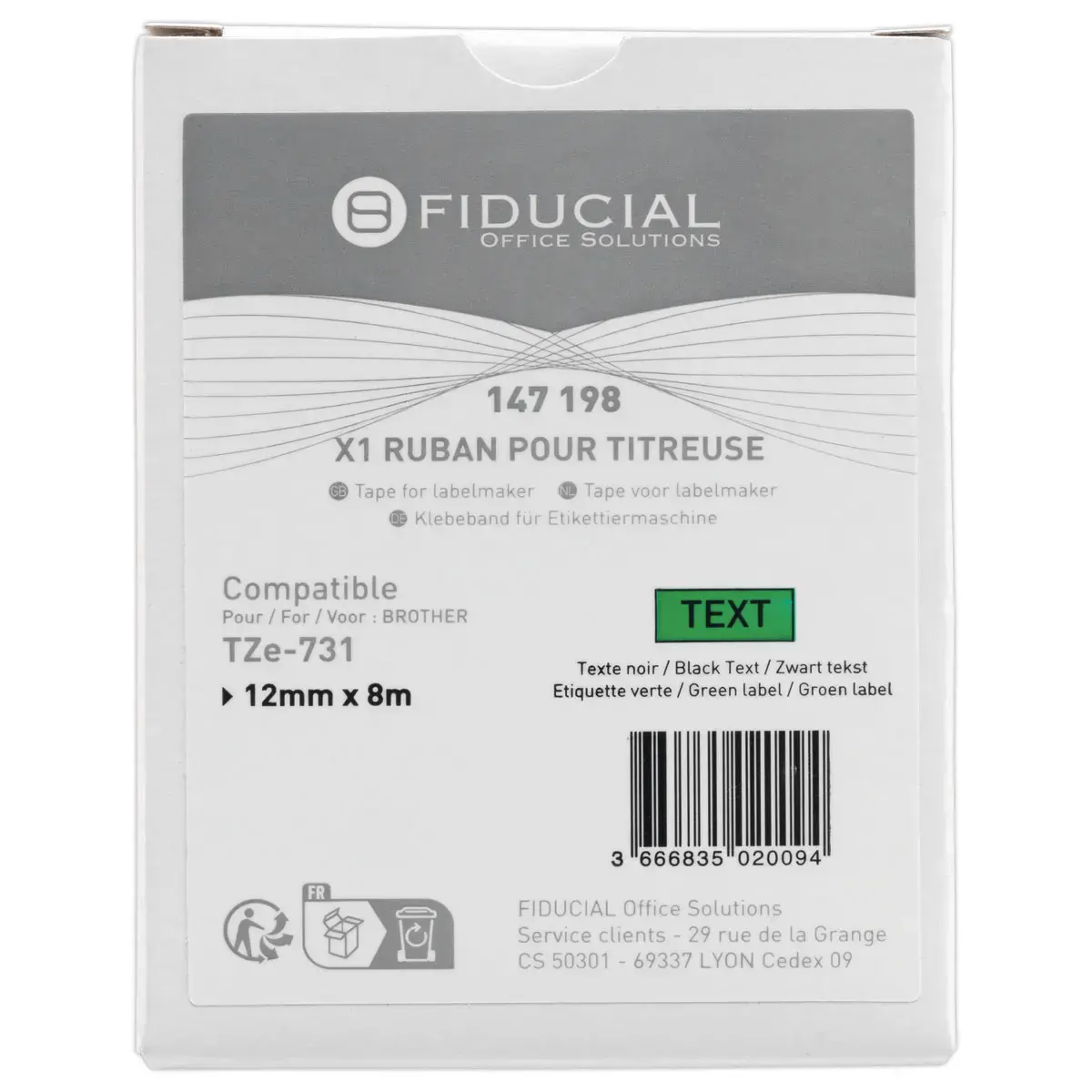 Ruban comp BROTHER TZE 731 12mm vert impression noire