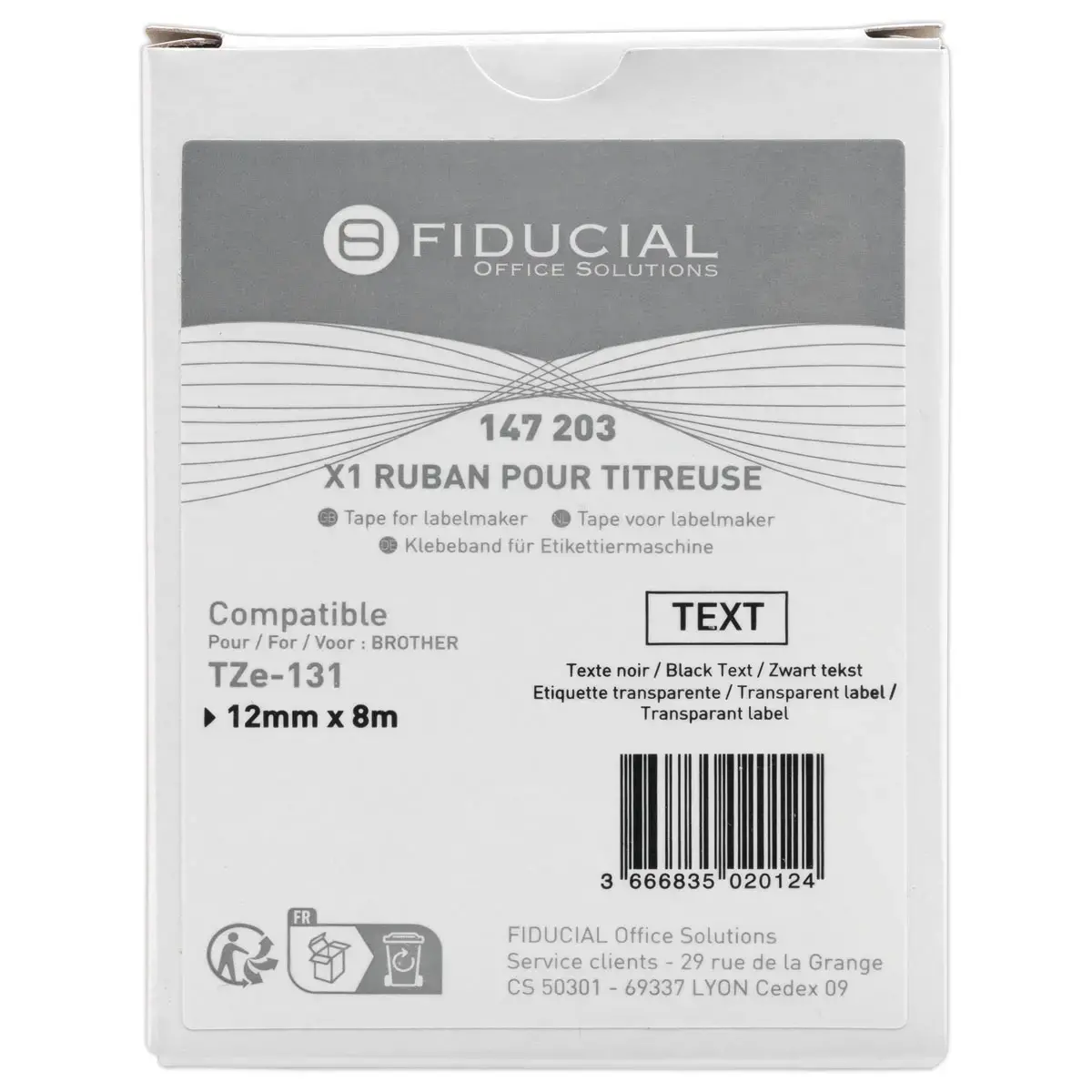 Ruban comp BROTHER TZE 131 12mm transparent impression noire 