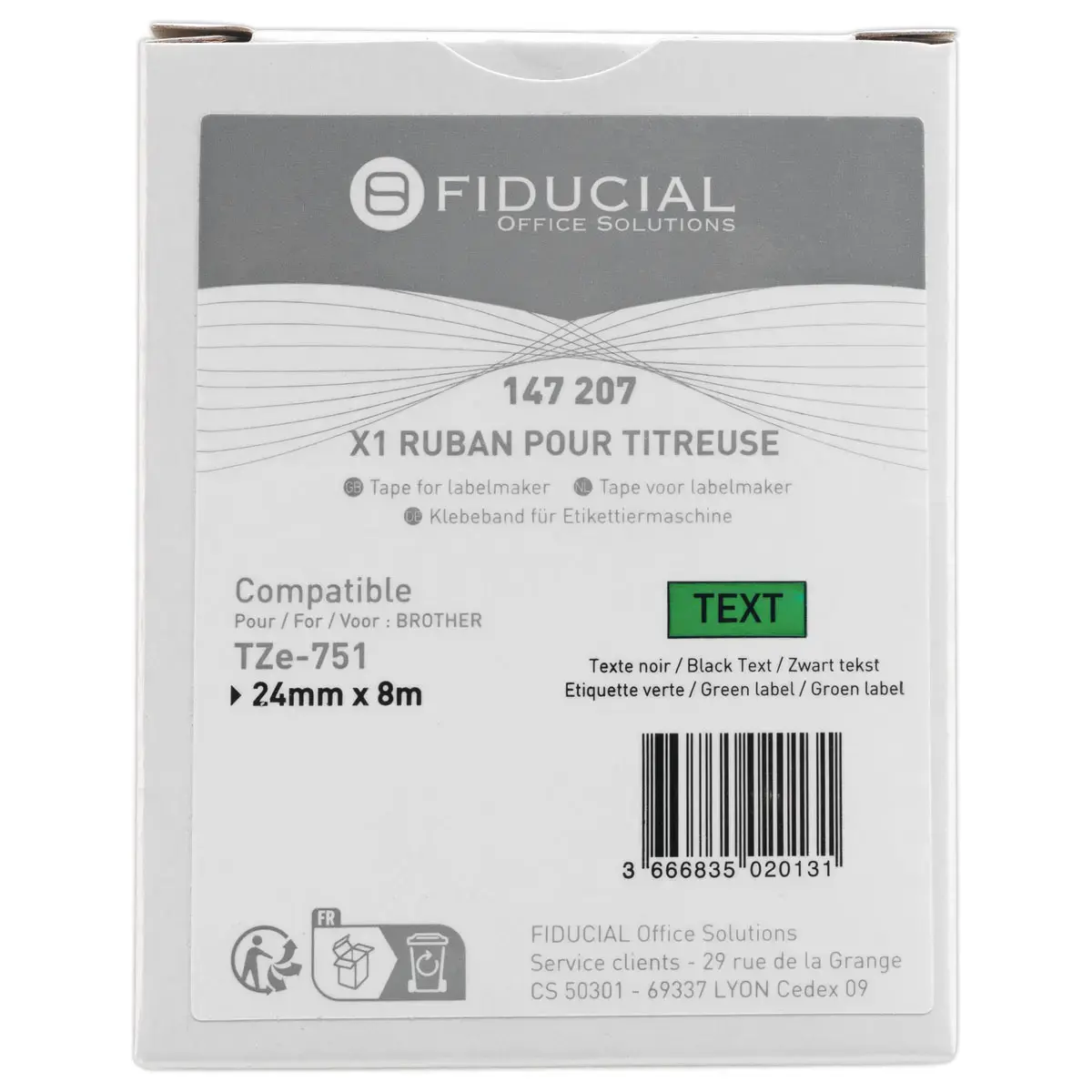 Ruban comp BROTHER TZE 751 24mm - noir/vert