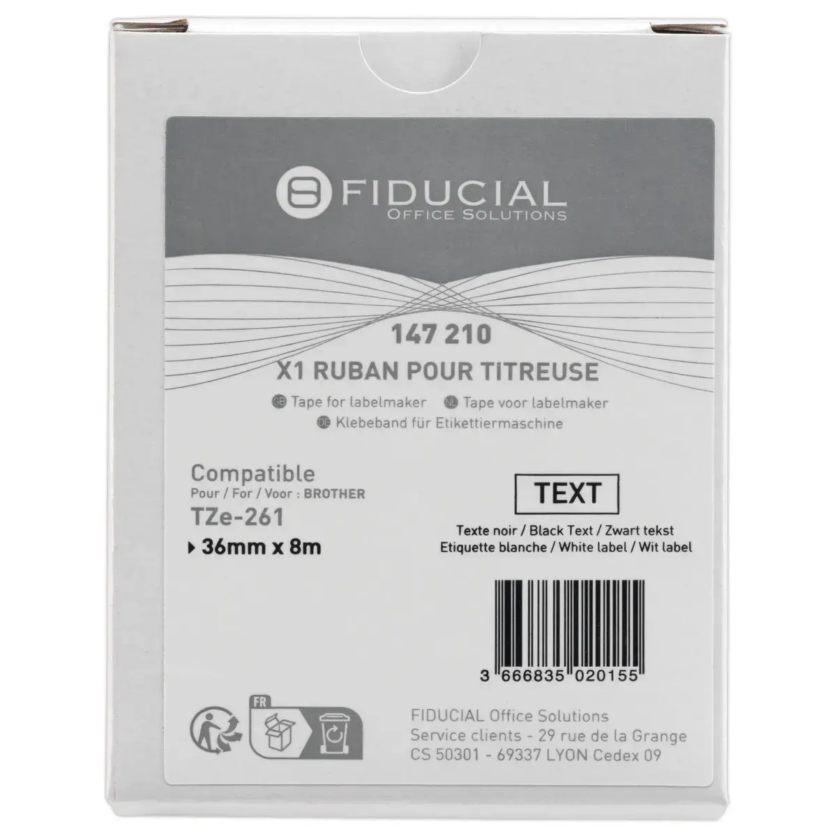 Ruban comp BROTHER TZE 261 36mm blanc impression noire 