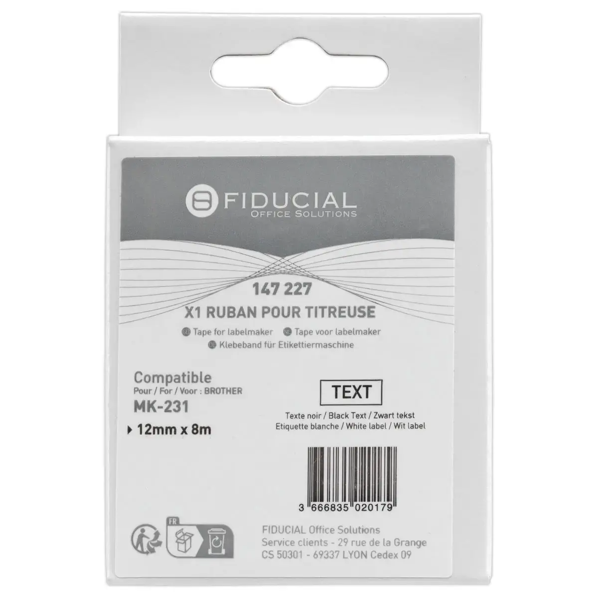 Ruban comp BROTHER M-K231B 12mm blanc impression noire 