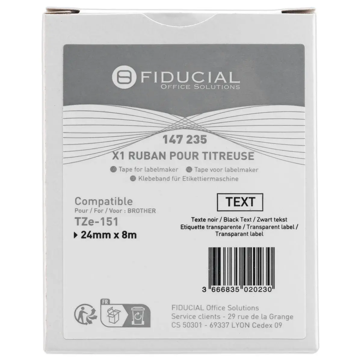 Ruban comp BROTHER TZE 151 24mm transparent impression noire