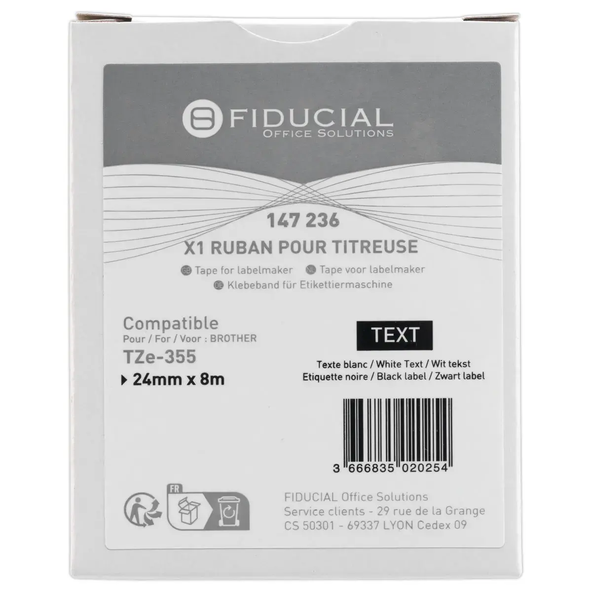 Ruban comp BROTHER TZE 355 24mm - blanc/noir
