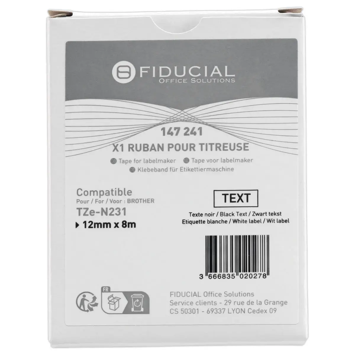 Ruban comp BROTHER TZEN 231 cassettes noir / blanc 12 mm 