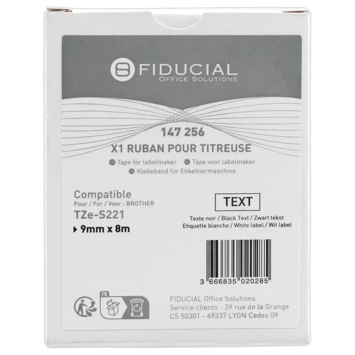 Ruban comp BROTHER TZE S221 cassette 9mm noir / blanc