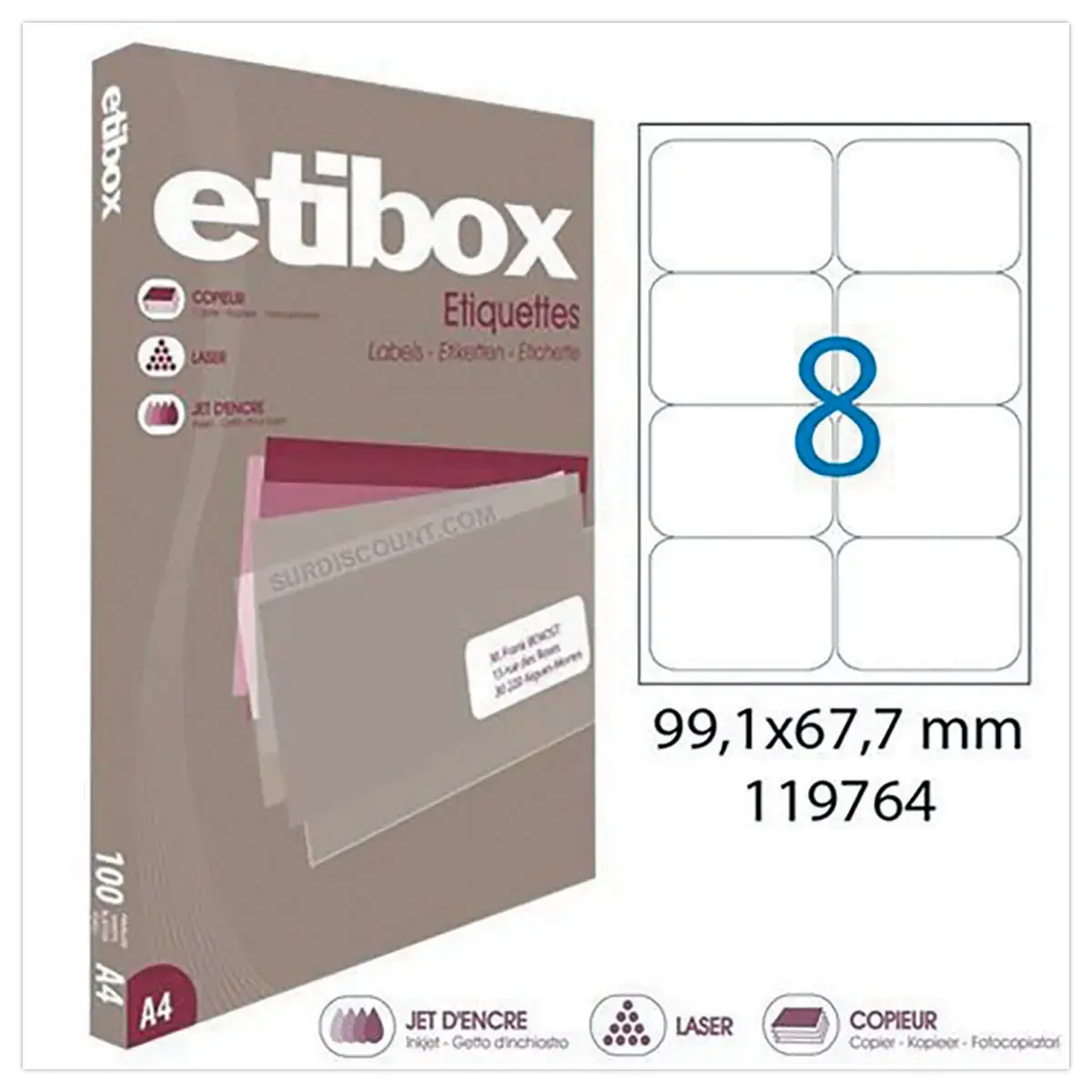 100 Planche d'&eacute;tiquettes ETIBOX coins arrondis 99.1X67.7mm 800 &eacute;tiq/bo&icirc;t 