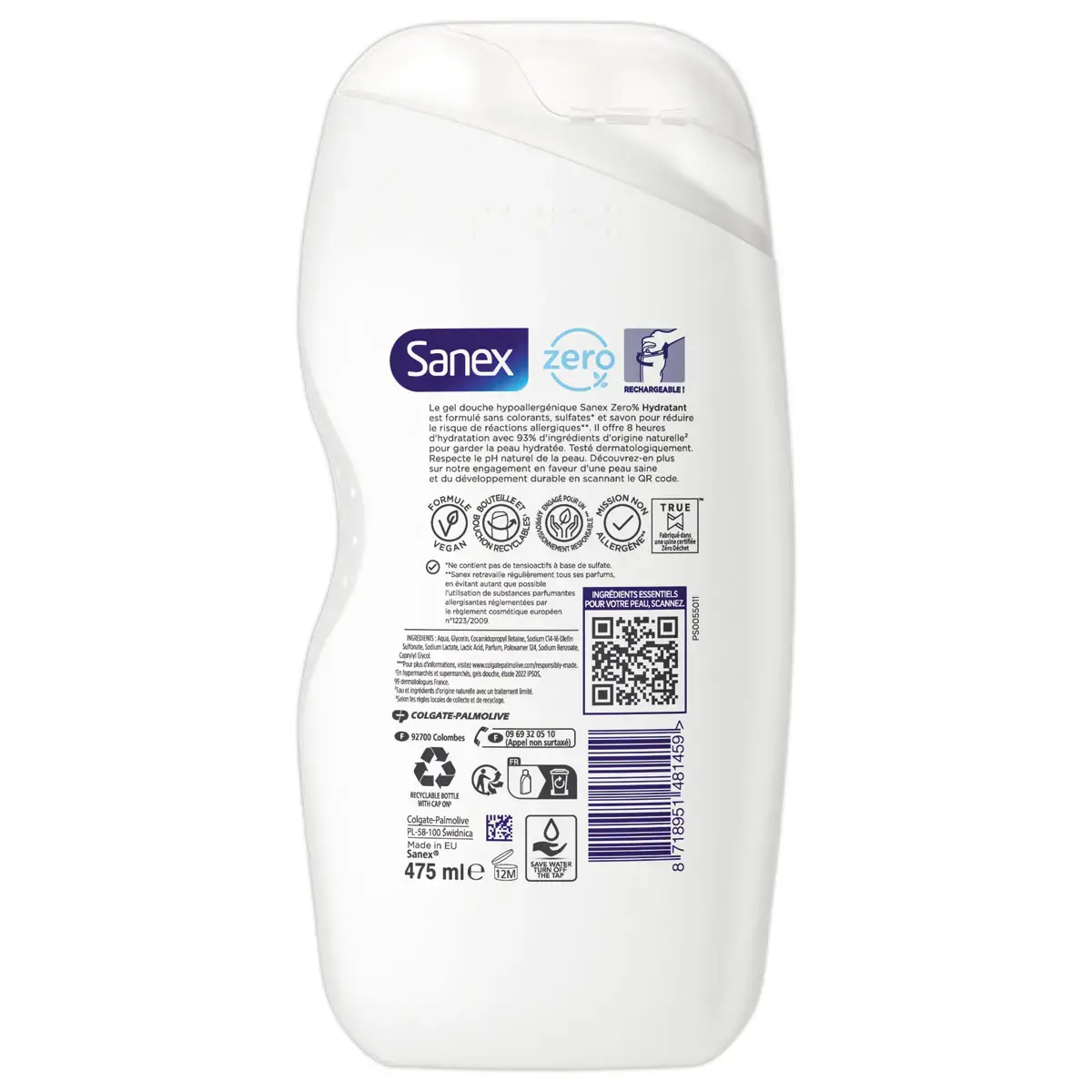 Gel douche Sanex Zéro% essentiel Peauxnormales 475 ml