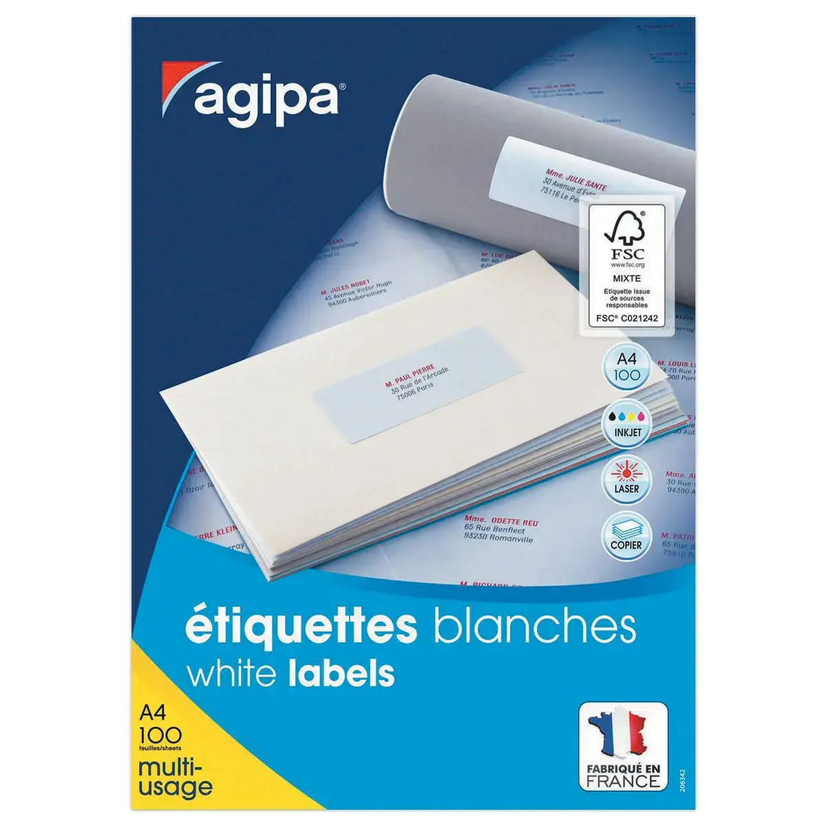 100 Planches d'&eacute;tiquettes A4 multi-usages 210x99mm soit 300 &eacute;tiq blanches 
