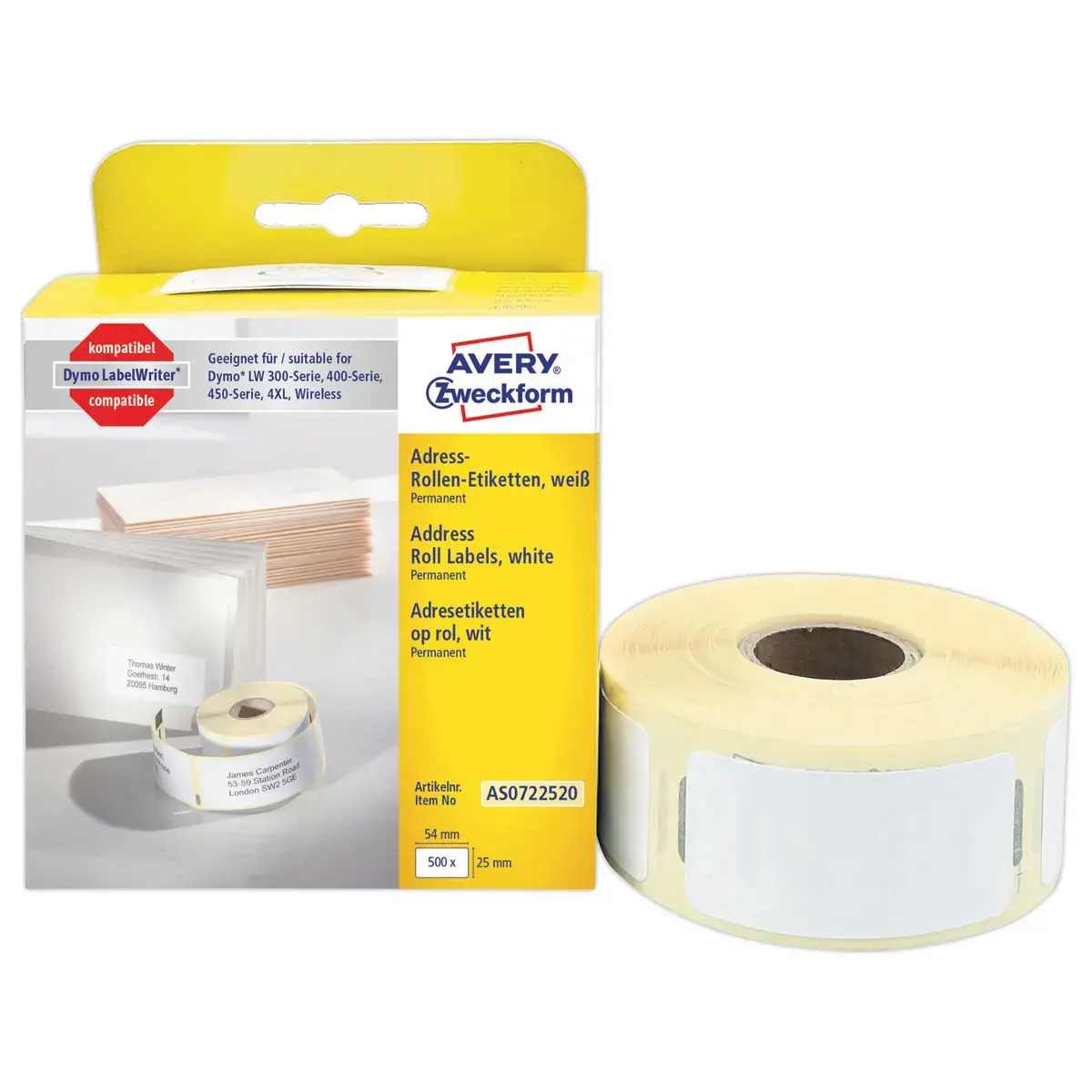 Rouleau de 500 étiquettes blanches 54x25 mm pour DYMO LW 450