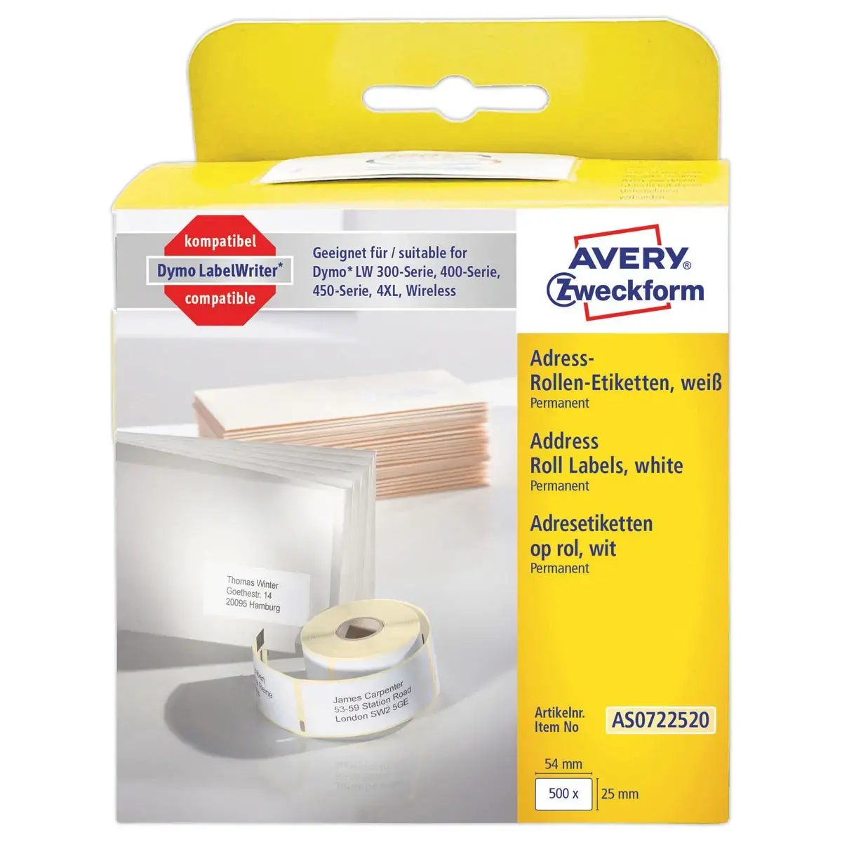 Rouleau de 500 étiquettes blanches 54x25 mm pour DYMO LW 450