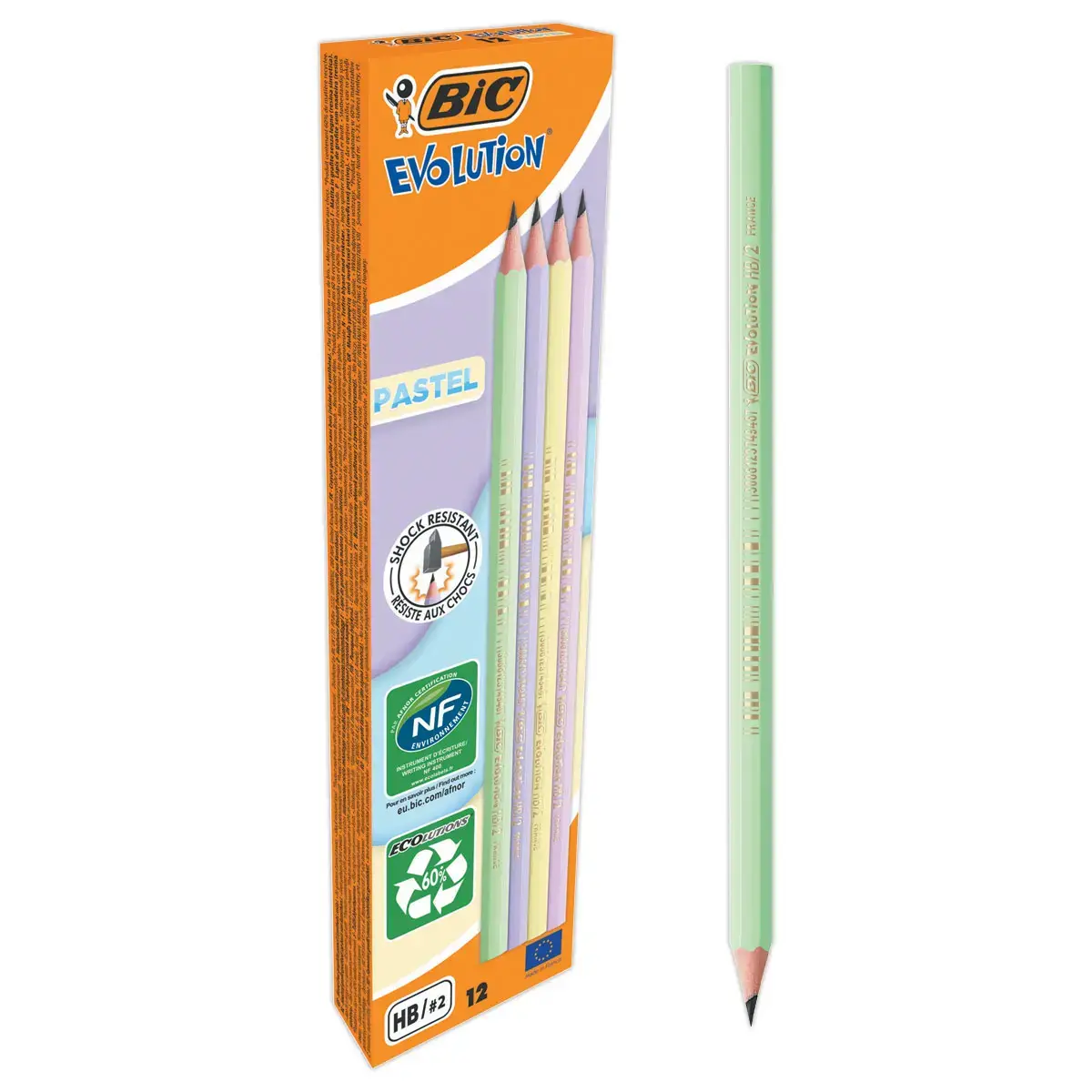 12 Crayons &agrave; papier pastel - T&ecirc;te coup&eacute;e - Mine HB - BIC 