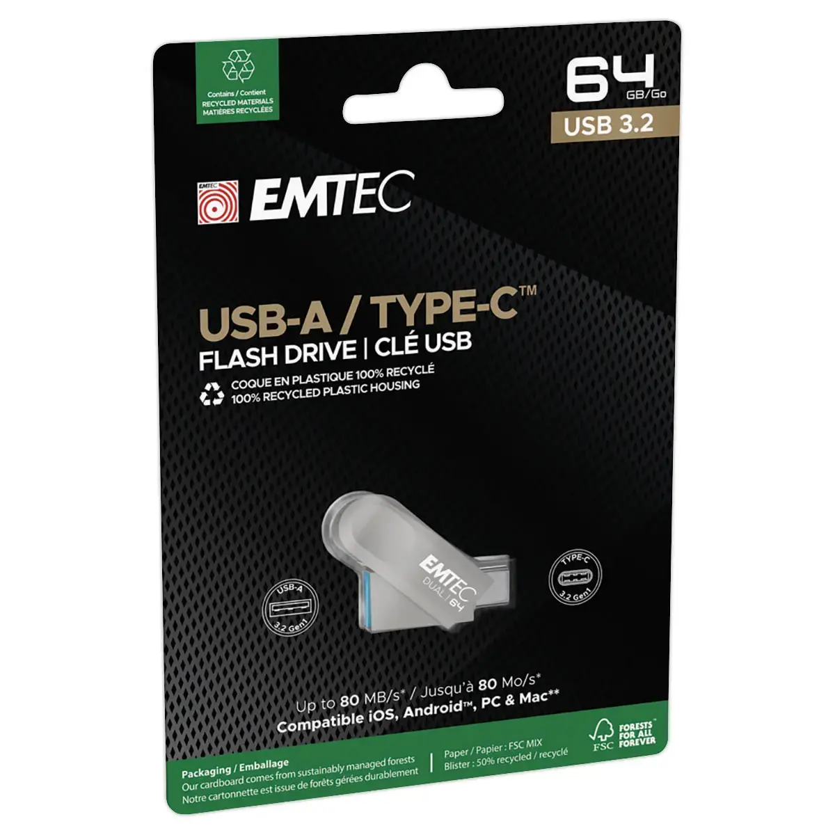 Cl&eacute; USB double connectique 2.0 USB-A/USB-C 64Go 