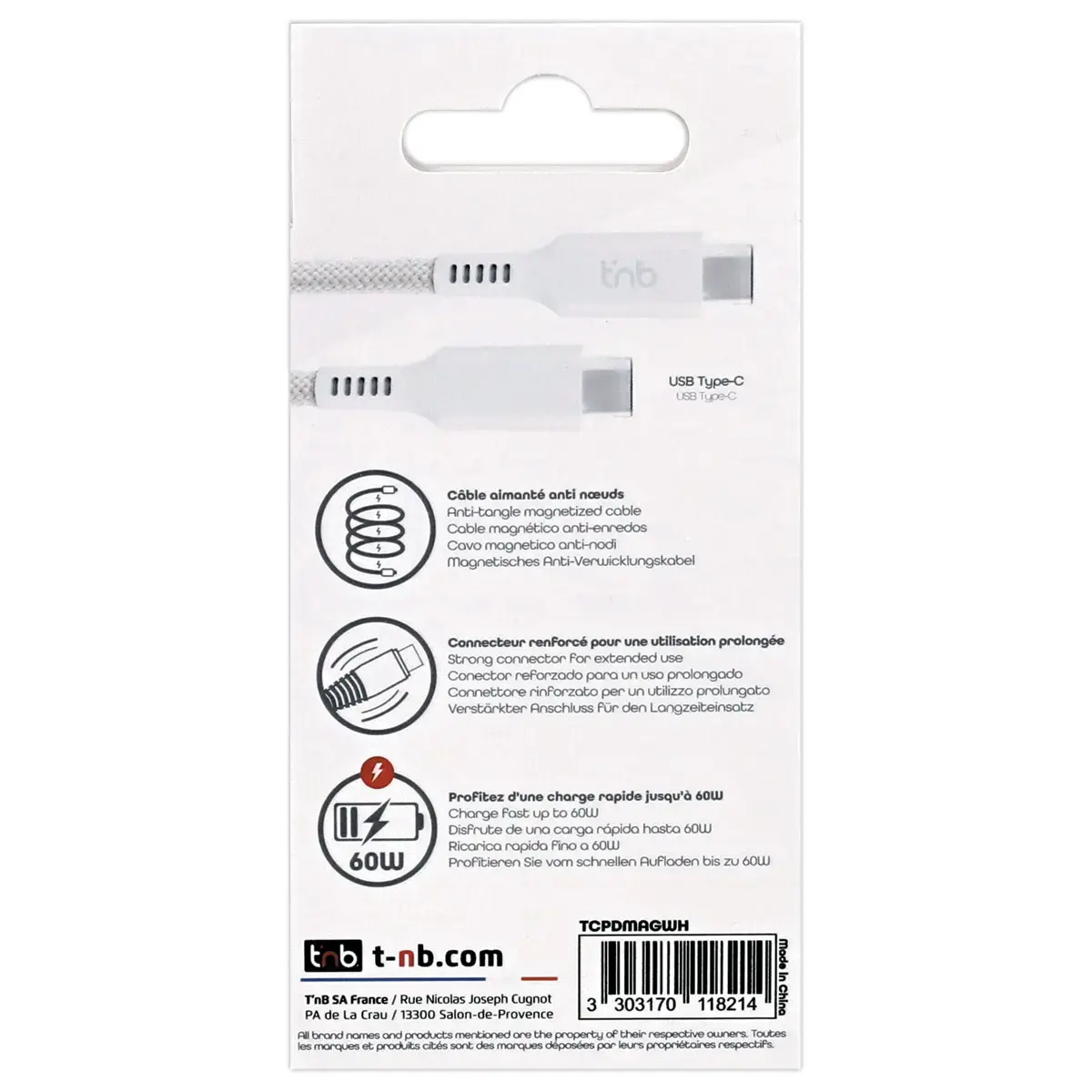C&acirc;ble USB-C/USB-C magn&eacute;tique - Blanc - T'NB 