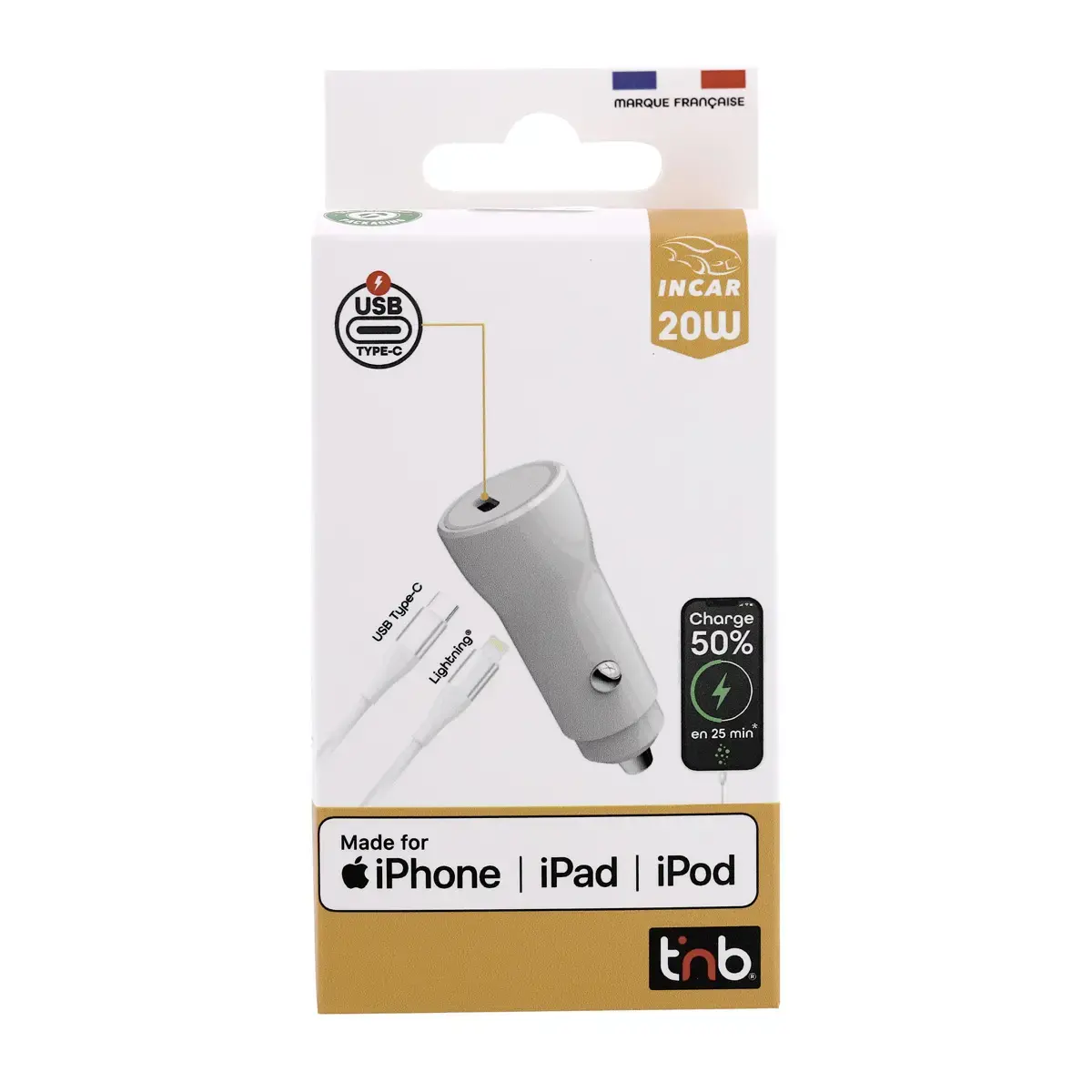Chargeur voiture USB-C + câble Lightning 1M
