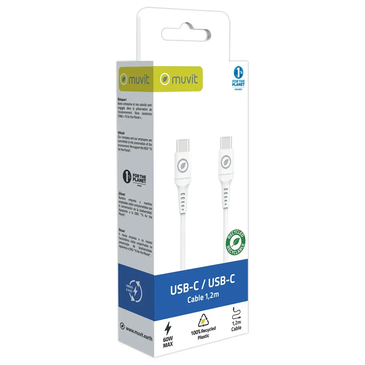 Câble de charge USB-C en plastique recyclé 1,2 m - Blanc