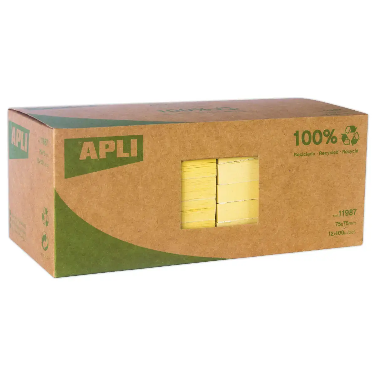 12 Blocs recycl&eacute;s 75 x 75 mm jaunes, 100 feuilles 