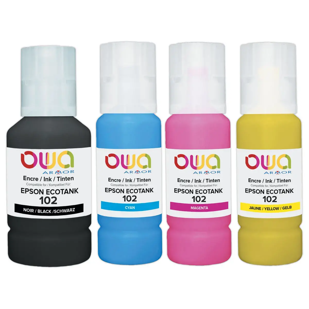 Pack 4 bouteilles d'encre noir et couleurs OWA compatibles EPSON 102