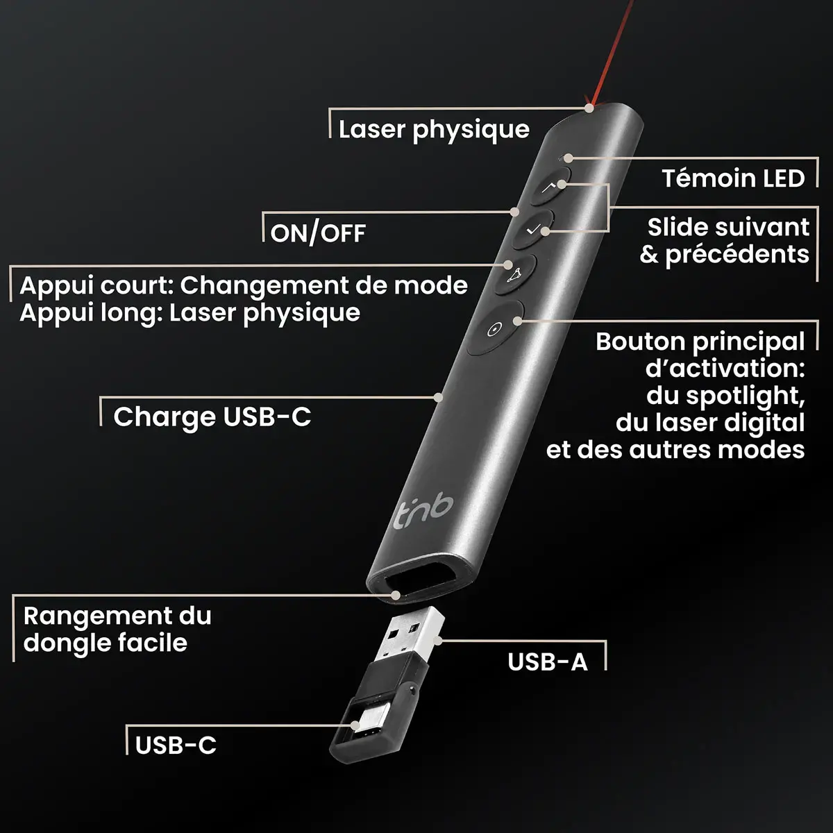 Pointeur de présentation rechargeable T'nB