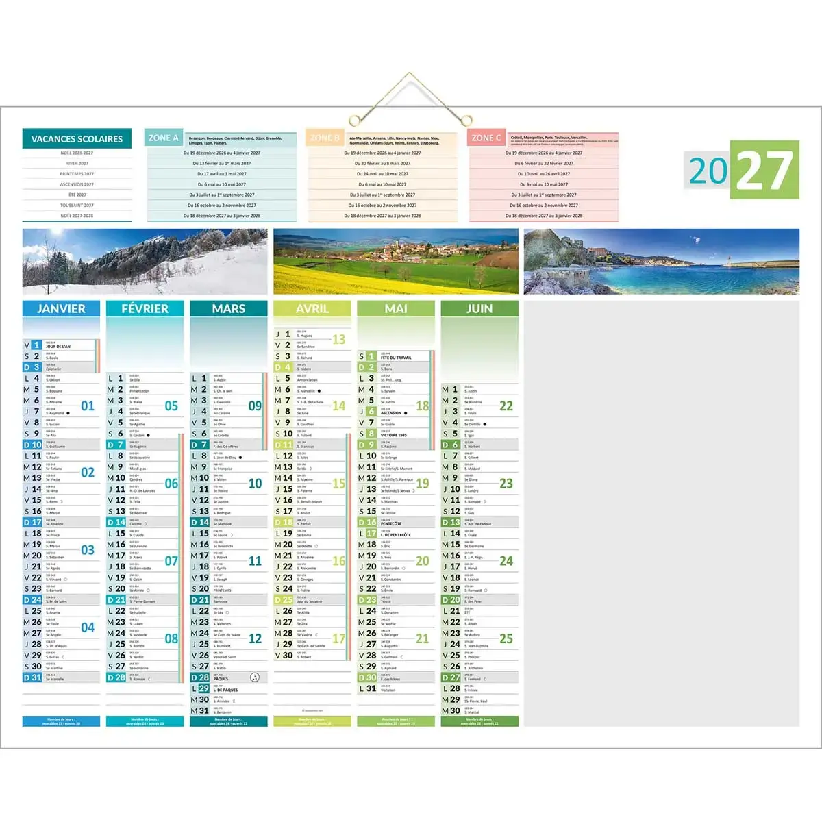 Calendrier banque Bouchut 4 saisons effa&ccedil;able 12 mois - 55 x 43 cm 