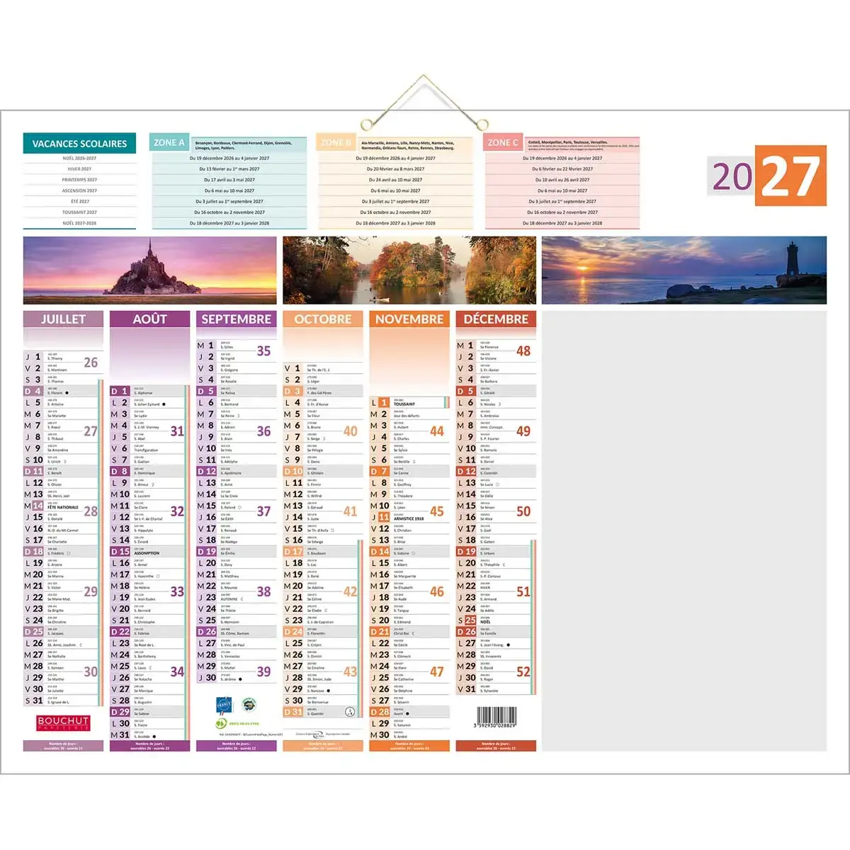 Calendrier banque Bouchut 4 saisons effa&ccedil;able 12 mois - 55 x 43 cm 