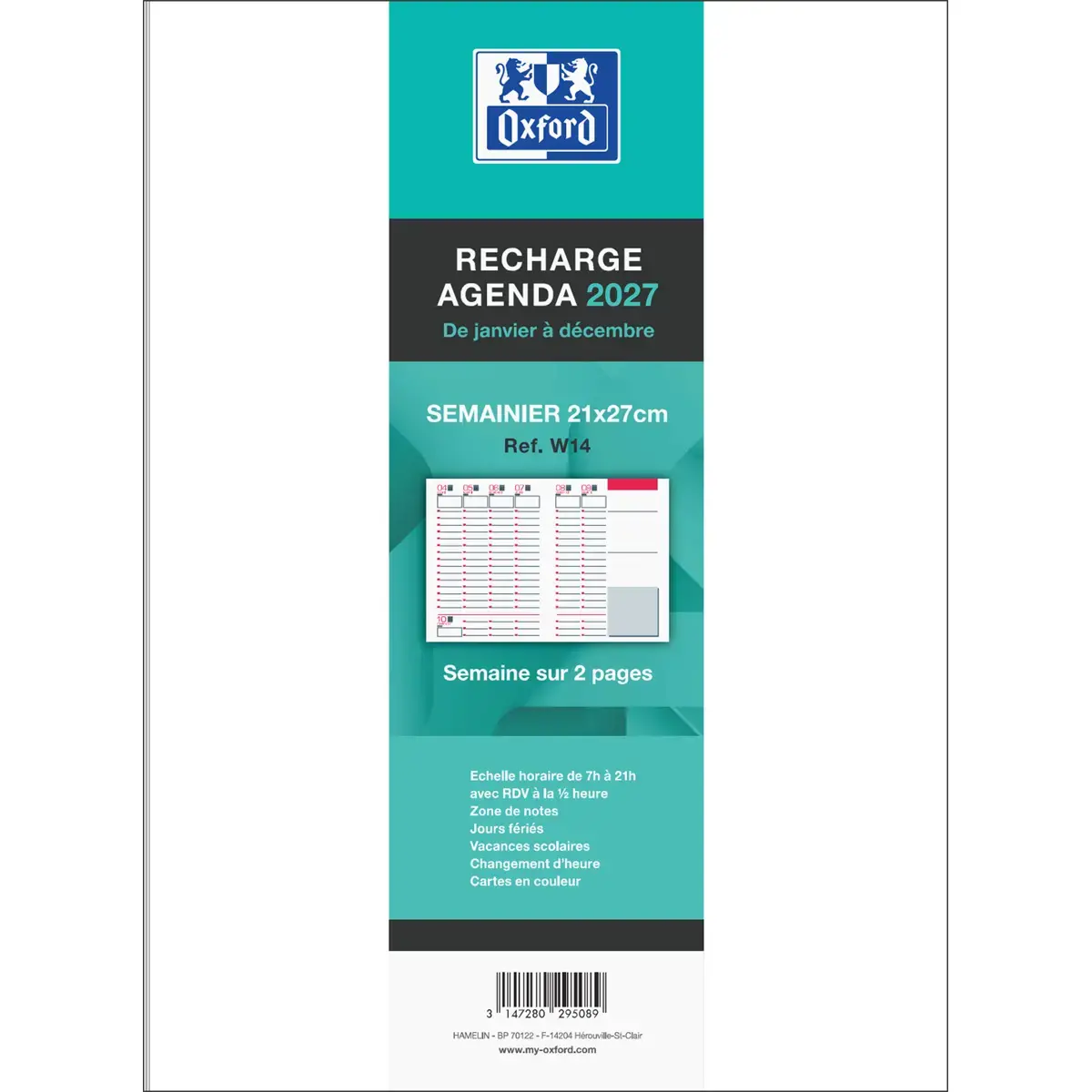 Recharge agenda janvier-décembre semainier Oxford Cousue 21 x 27 cm