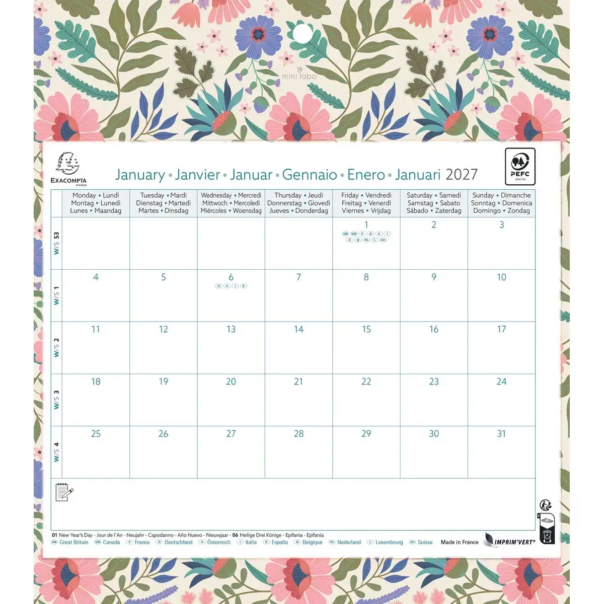 Calendrier mensuel sur plaque 27,5 cm x 30,5 cm EASYCAL - Mini labo