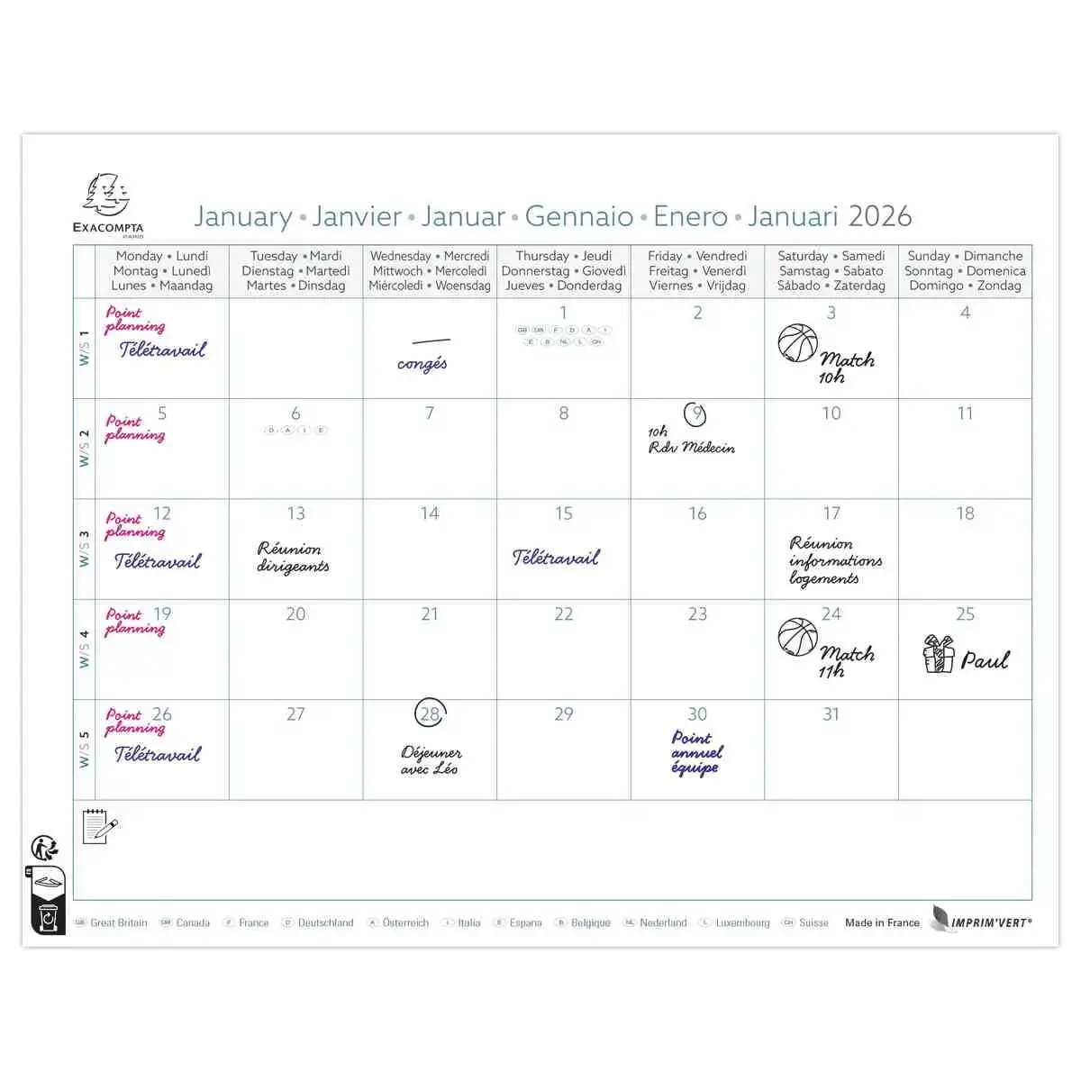 Calendrier mensuel sur plaque 27,5 cm x 30,5 cm EASYCAL - Mini labo