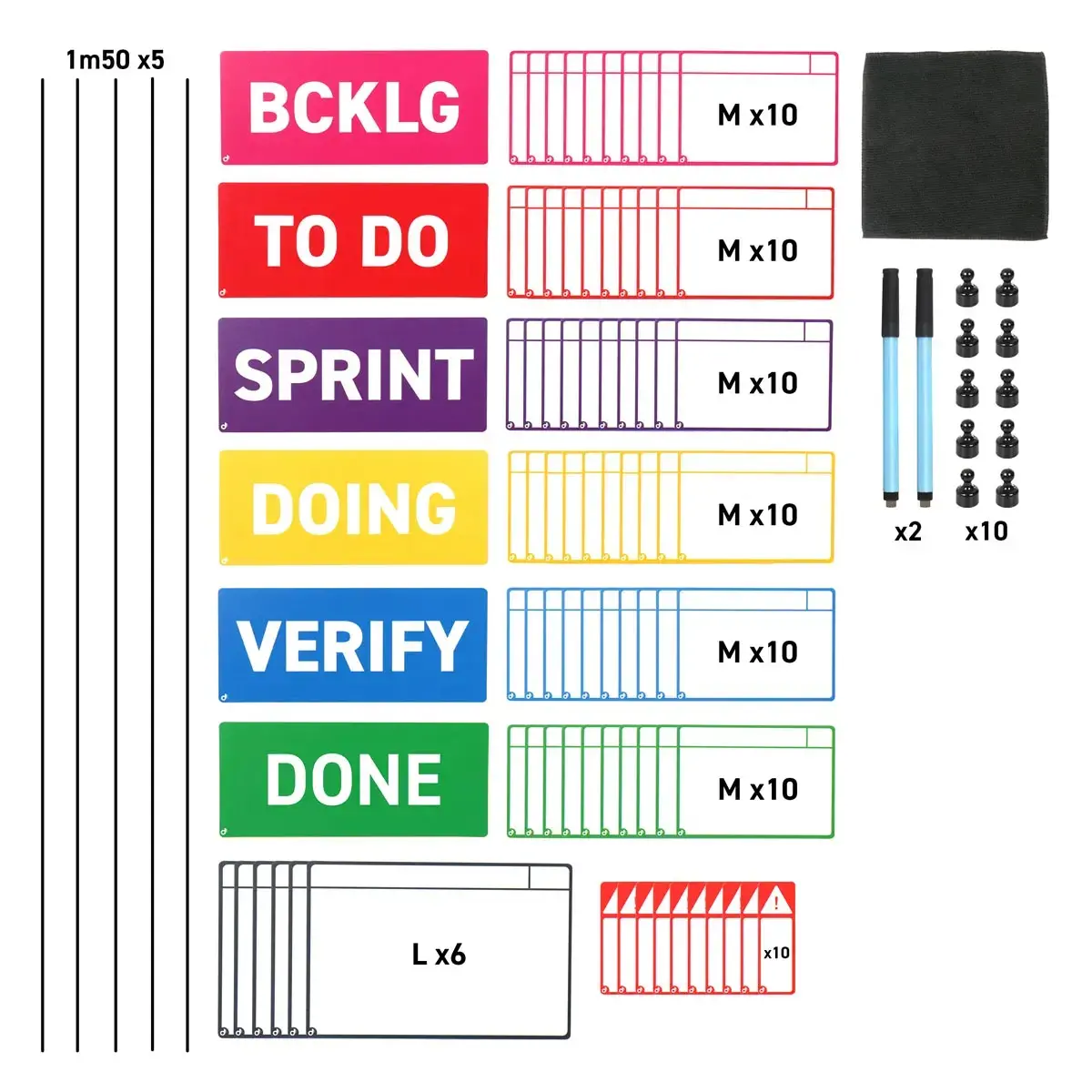 Cartes magn&eacute;tiques pour tableau Scrum - 6 colonnes - Djois 