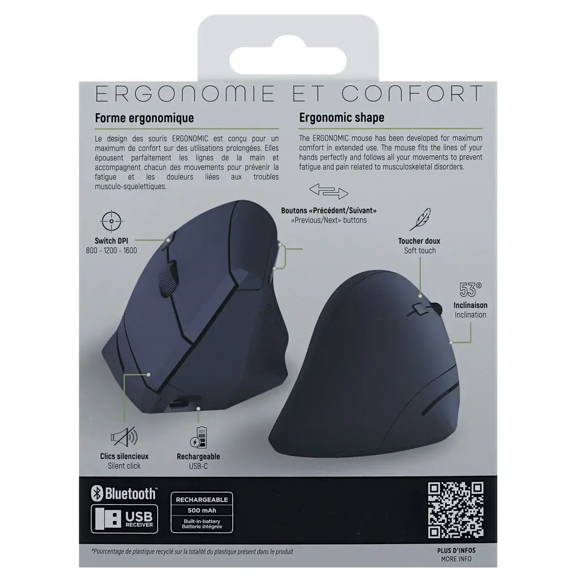 Souris ERGO sans fil - Verticale - Rechargeable - Bleu - T'NB