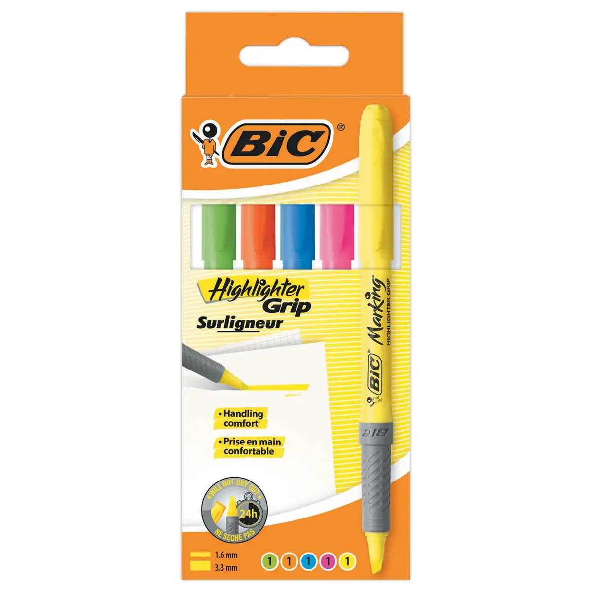 5 Surligneurs Marking Highlighter Grip assortis - BIC 