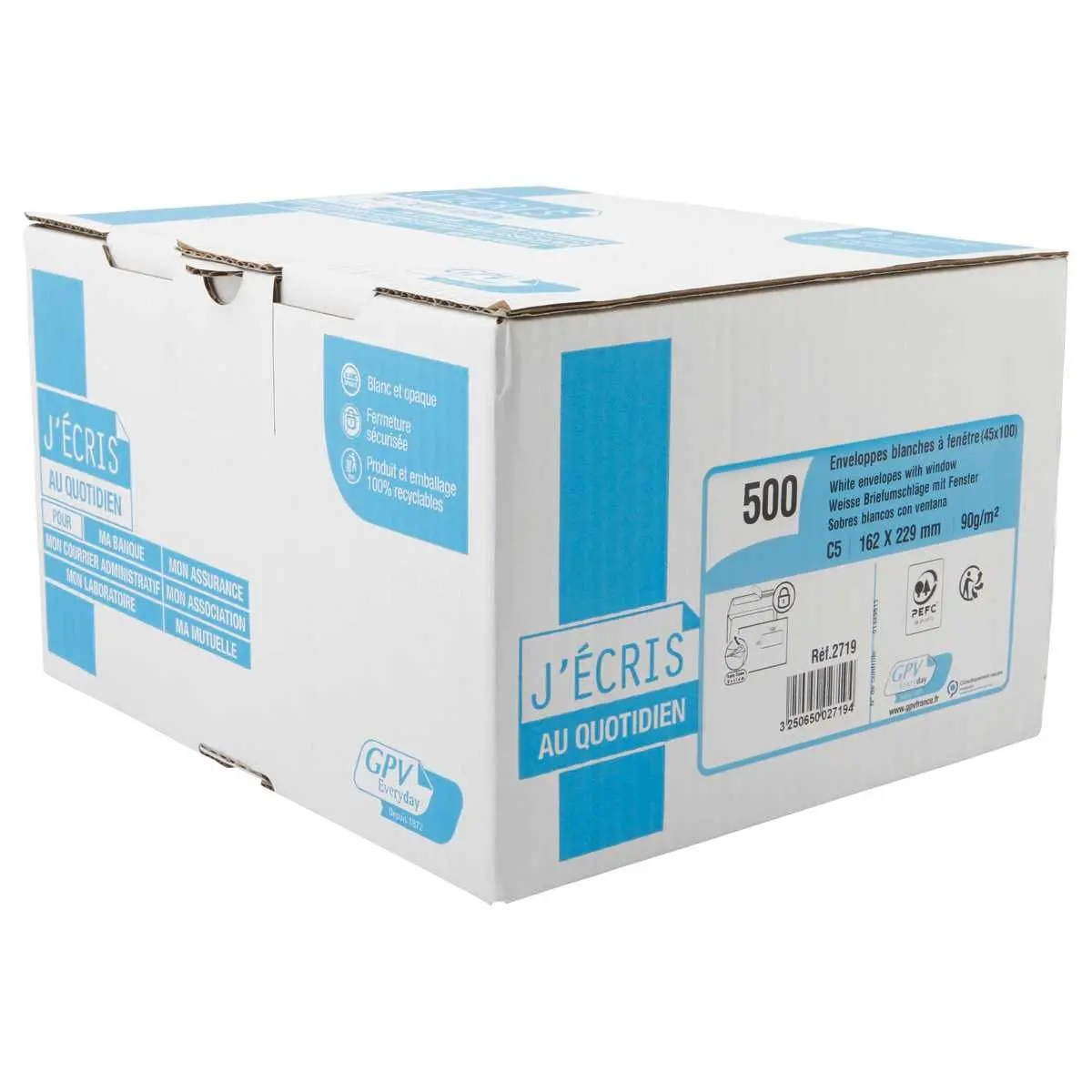 500 Enveloppes blanches bande siliconée à fenêtre - 162 x 229 mm - GPV